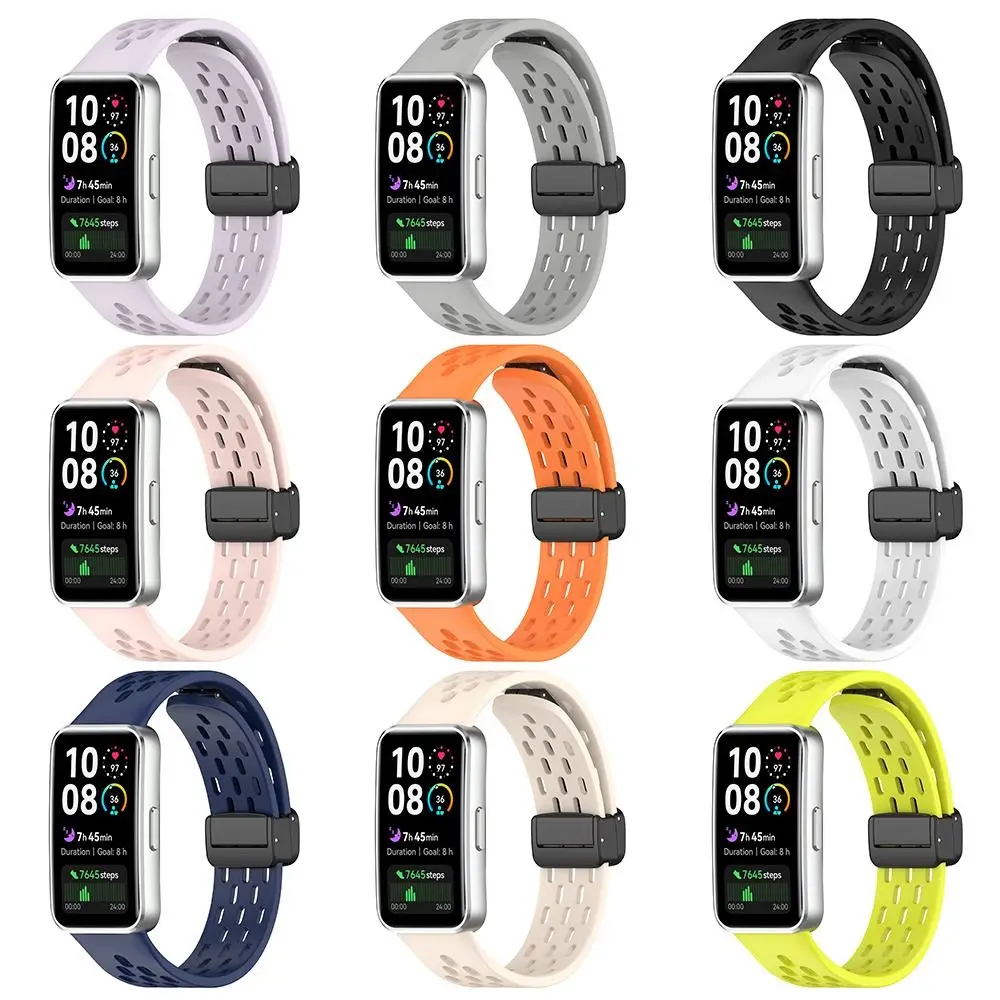 Cinturino per orologio in silicone con fibbia pieghevole magnetica, cinturino di ricambio, cinturino traspirante per Huawei Band 10 9 8