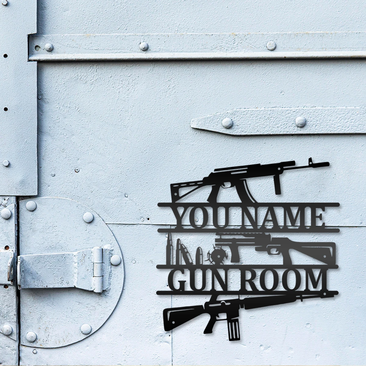 

1pc cool Gun Personalized Text Iron Wall Signs Metal Wall Plaque For Home Decor Living Room Bedroom