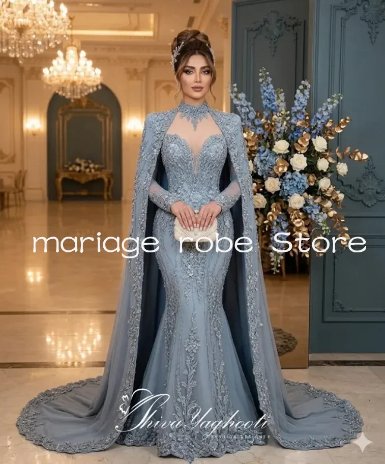 Robe de soirée caftan gris argenté avec cape à manches longues, appliques de luxe perlées, col montant, personnalisable