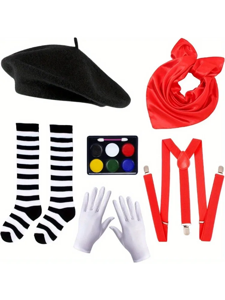 PESENAR Mime Kunstenaar Accessoires 6 Stuks met Baret Hoed Jarretel Sjaal Handschoenen Gezicht Verf Sokken voor Halloween mime Kostuum