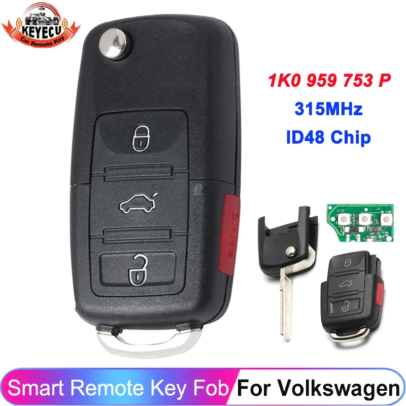 KEYECU 1K0 959 753 P 315MHz 4 przyciski do Volkswagen Rabbit Jetta CC Golf Eos GTI R32 ID48 Chip Pilot zdalnego sterowania 1K 0959753 P