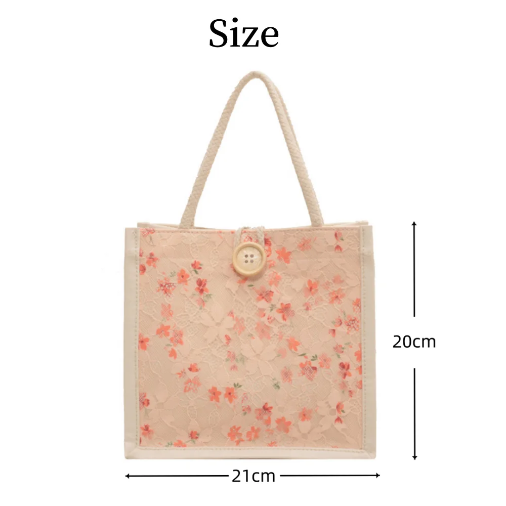 Korean Lace Embroidery Canvas Bag Mini Linen Tote Bag Women Cute Flower Printing Grocery Bag Vintage Button Camping Storage Bag