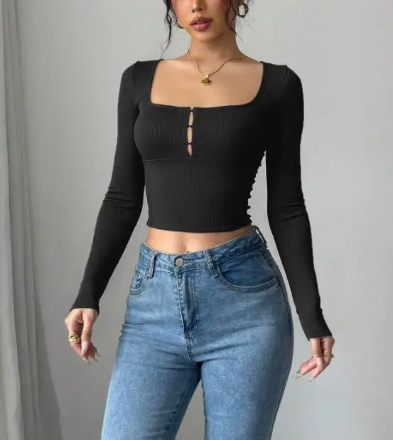 

Women's T-Shirt 2026 New Sexy Spicy Girl Square Neck Long Sleeve Top Elastic Tight Short Open Umbilical T-Shirt