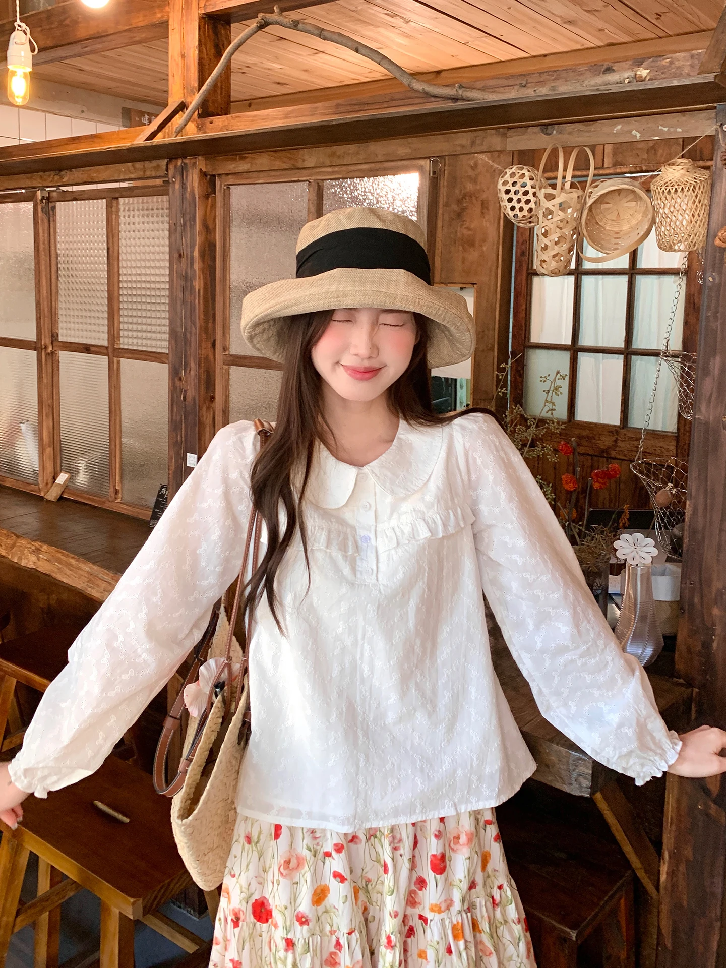 

Новая женская блузка с вырезами и воротником-стойкой, весна 2026, из дышащего хлопка, в корейском и японском стиле