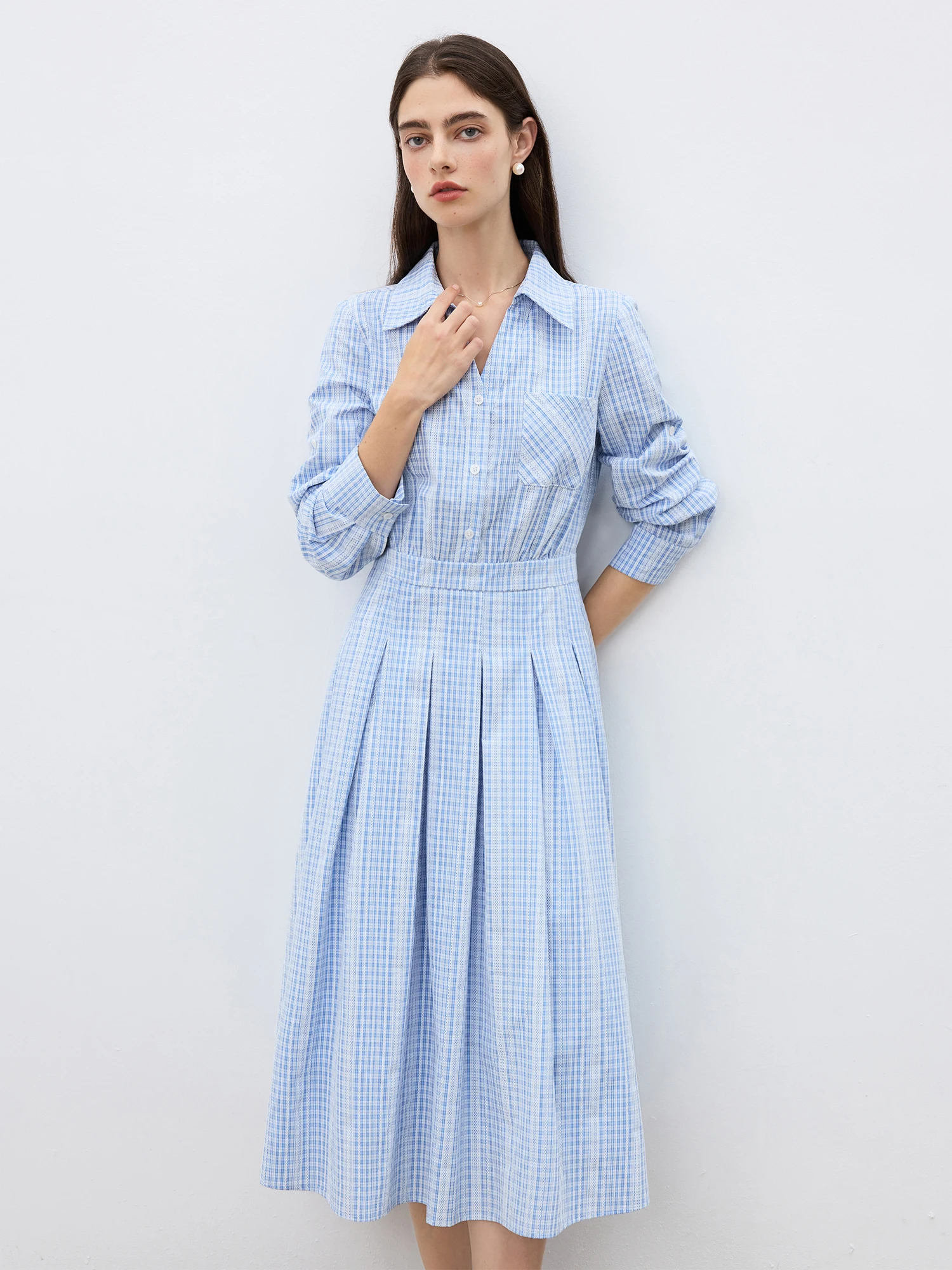 ZIQIAO Petite Size Blue Plaid Shirt Dress For Female 2025 Spring New Design Pleated Casual Outfit Chic Blue Dress 25ZQ91166