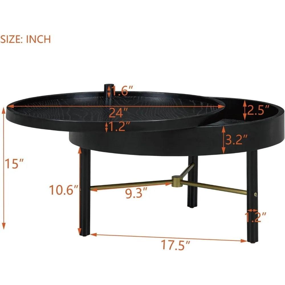 Rustic Modern 24 Inch Round Wood Coffee Table with Storage and Rotating Tray for Living Room - Perfect for Cocktails and Vintagi
