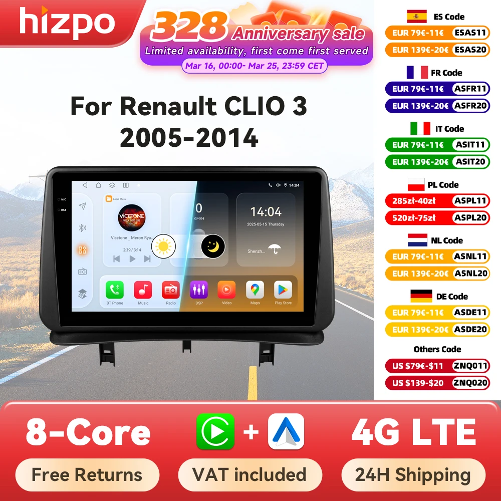 Hizpo Autoradio Autoradio pour Renault Clio 3 2005 2006 2007-2014 lecteur multimédia sans fil CarPlay Android Auto stéréo GPS 4G