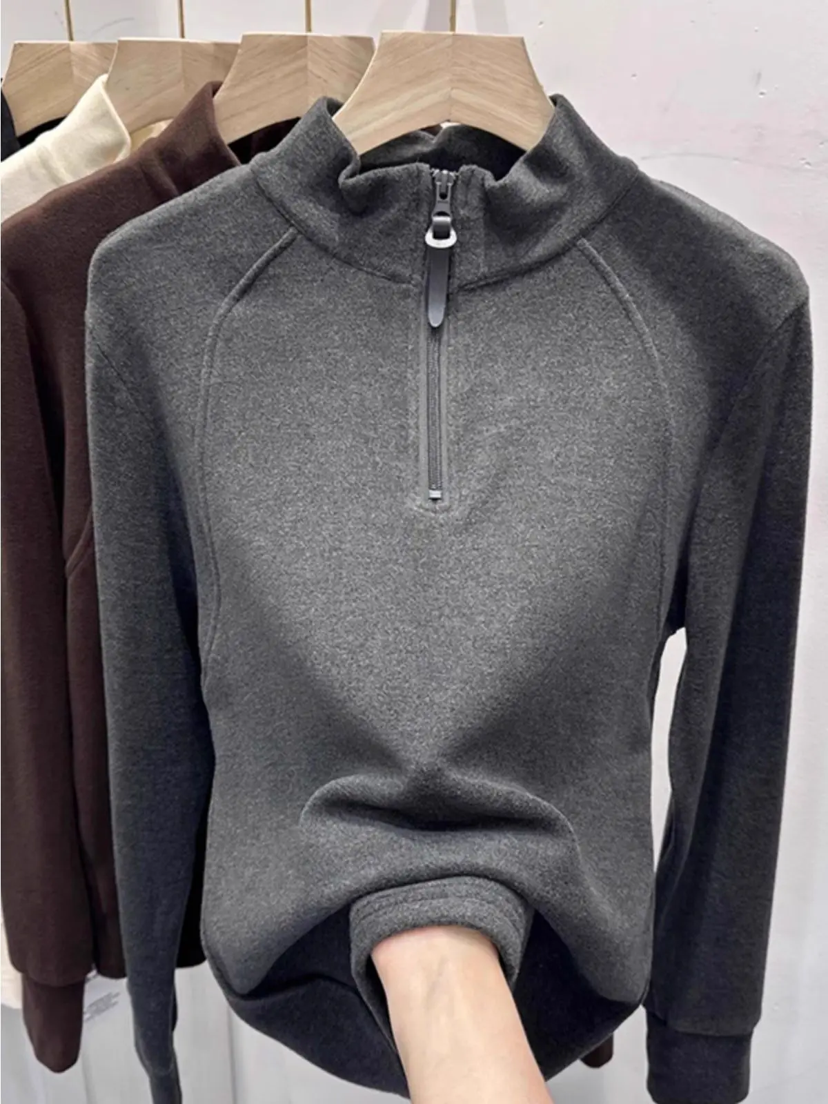 

Thiened Long Sve воротник-стойка на молнии бархатный свитшот футболка женская осенне-зимняя внутренняя одежда Brued Base irt Top