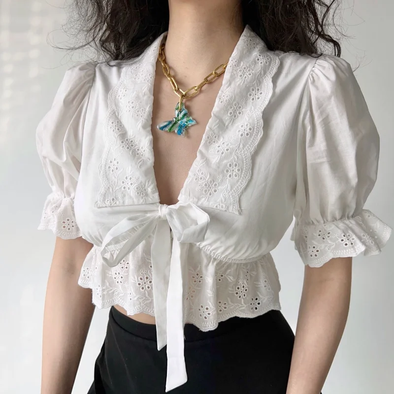 Embroidery Lace Patchwork Short Blouse Summer New Short Sleeve Bandage Solid Sexy Shirt Tops Fashion Temperament Women Clothing