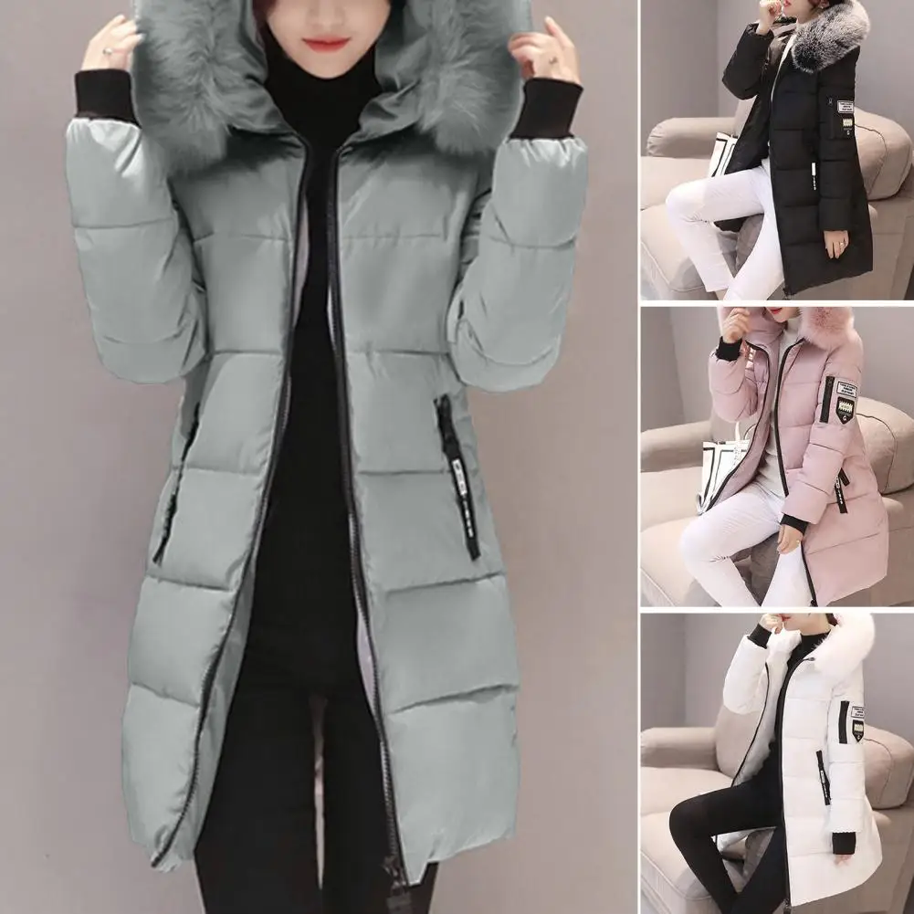 Frauen Winter Pelz Kragen Mit Kapuze Parka Mode Brief Patch Zipper Taschen Design Lange Jacke Elegante Dünne Warme Dicke Weibliche Mäntel