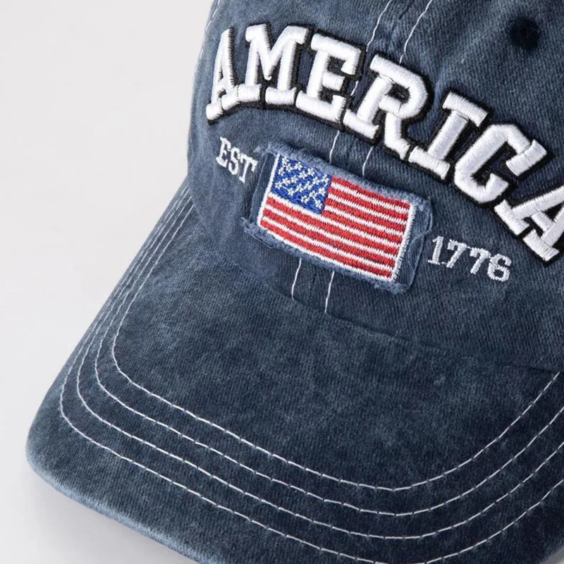 Vintage-Baseballkappe mit USA-Flagge, bestickt – auffälliger Schriftzug, Distressed Wash, Sonnenschutz – trendige Papa-Mütze für den Außenbereich – Detail 9