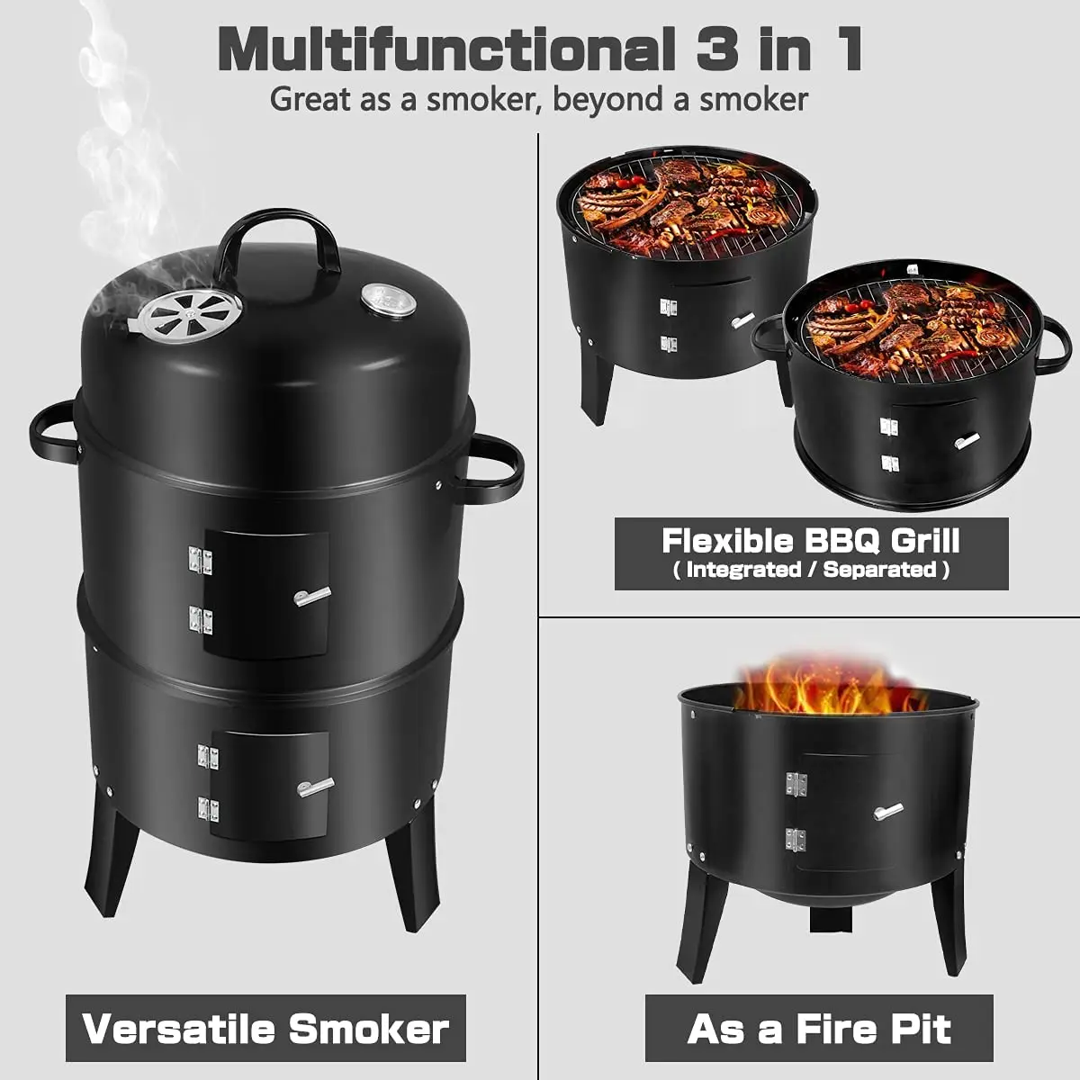 Barril para fumar de gran capacidad para fumar, asar, cocinar, barbacoa ahumador con termómetro, parrilla de carbón para barbacoa sin humo 3 en 1