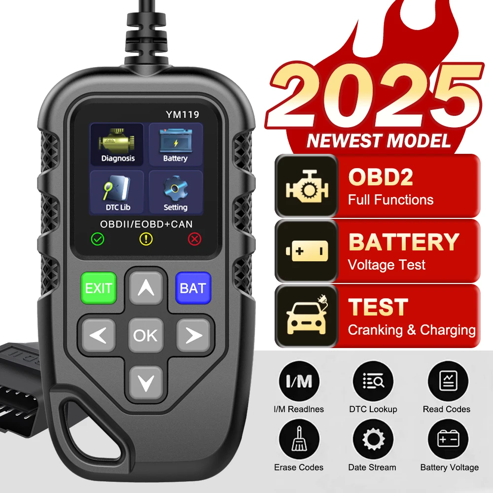 

Считыватель кодов OBD2, многоязычный автомобильный диагностический инструмент YM119, сканер OBDII для очистки/стирания кодов