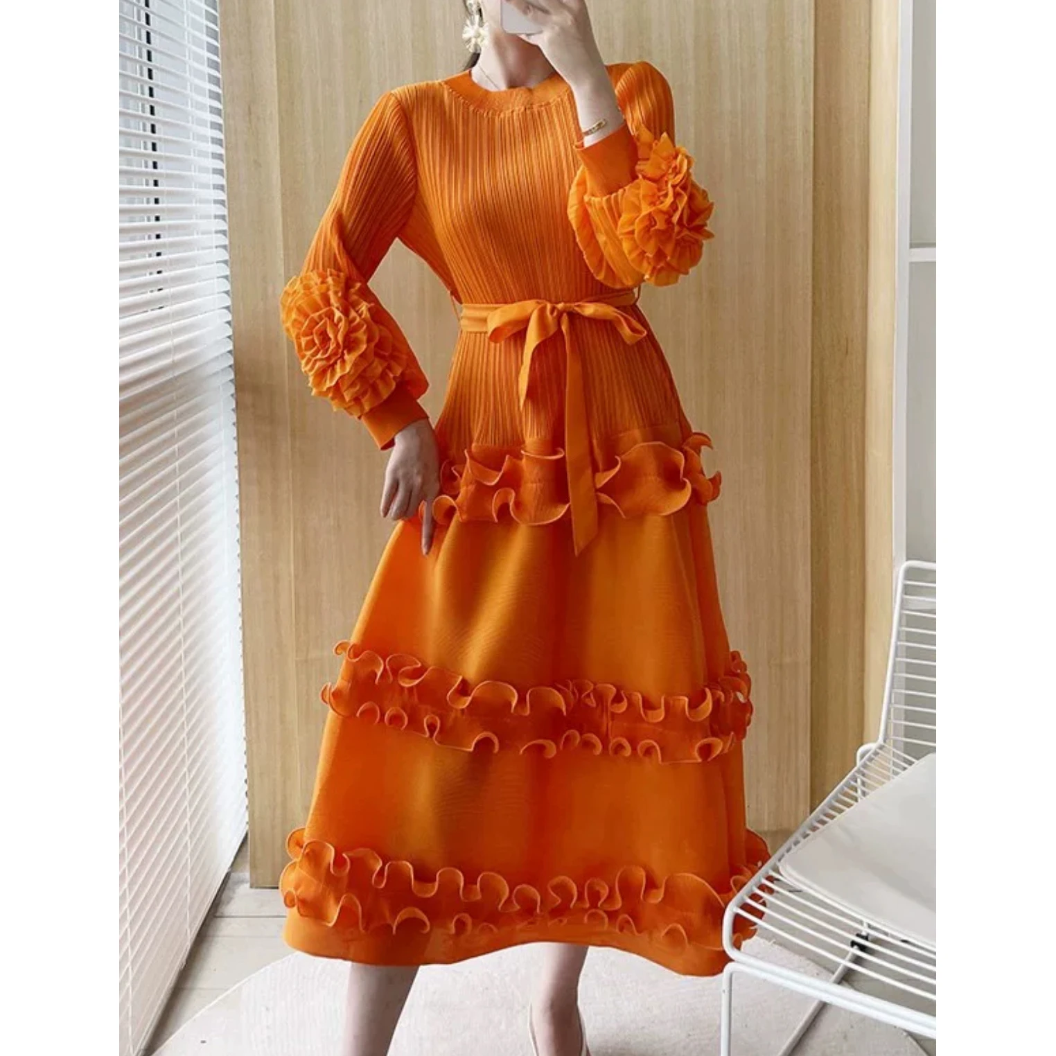 Autumn Women's Dress Design Sense Small Lace Bubble Sleeve Lace-up Mid-length Pleated Skirt Princess Dress Elegante Para Fiesta