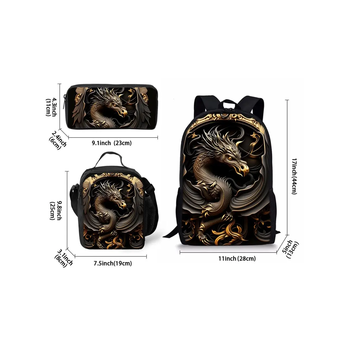 Metal Dragon Print Three Piece Backpacks Set for Boy and Girls Best Gifts 2D Flat Cartoon School Bag for Children