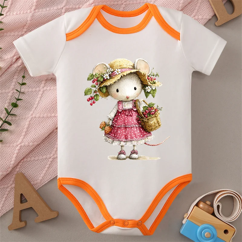 Pure Cotton Onesie Happy Mouse & Sweet Berry Print Bodysuit Comfortable Cloth for Baby Jumpsuit for 0 To 12 Months Newborn