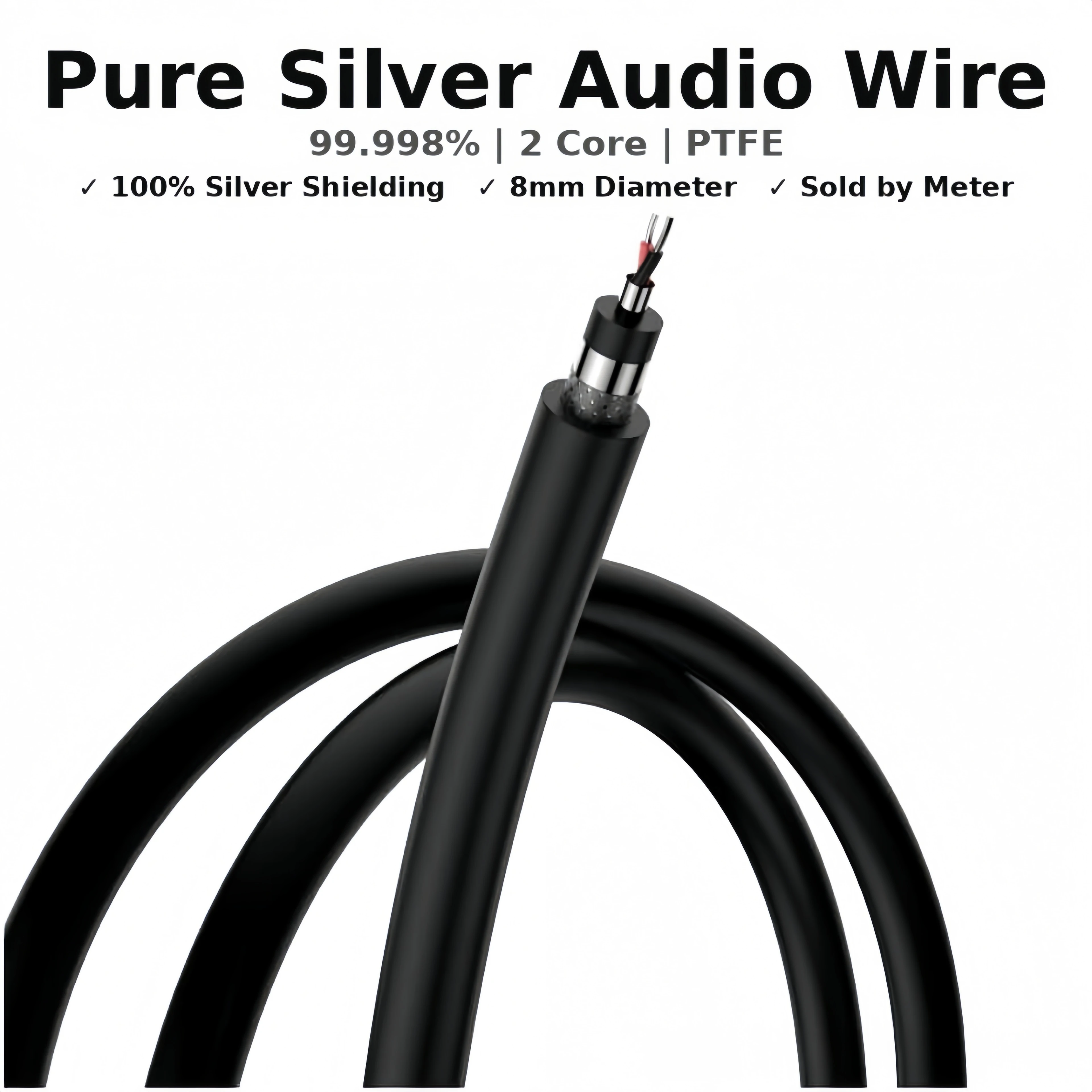 99.998% Pure Silver Audio Wire 2 Core PTFE 8mm HIFI DIY Bulk Signal Cable per Meter for RCA XLR Balanced Interconnect
