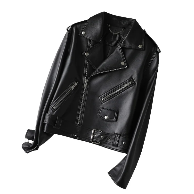 Genuine leather jacket new style with lapel pull cotton sheepskin, casual and versatile short motorcycle jacket jacket for women