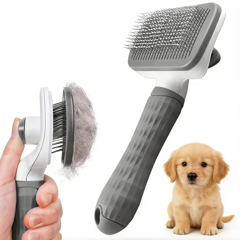 

Pet Grooming Brush with One-Click Hair Removal, Bent Needle Massaging Comb for Dogs & Cats