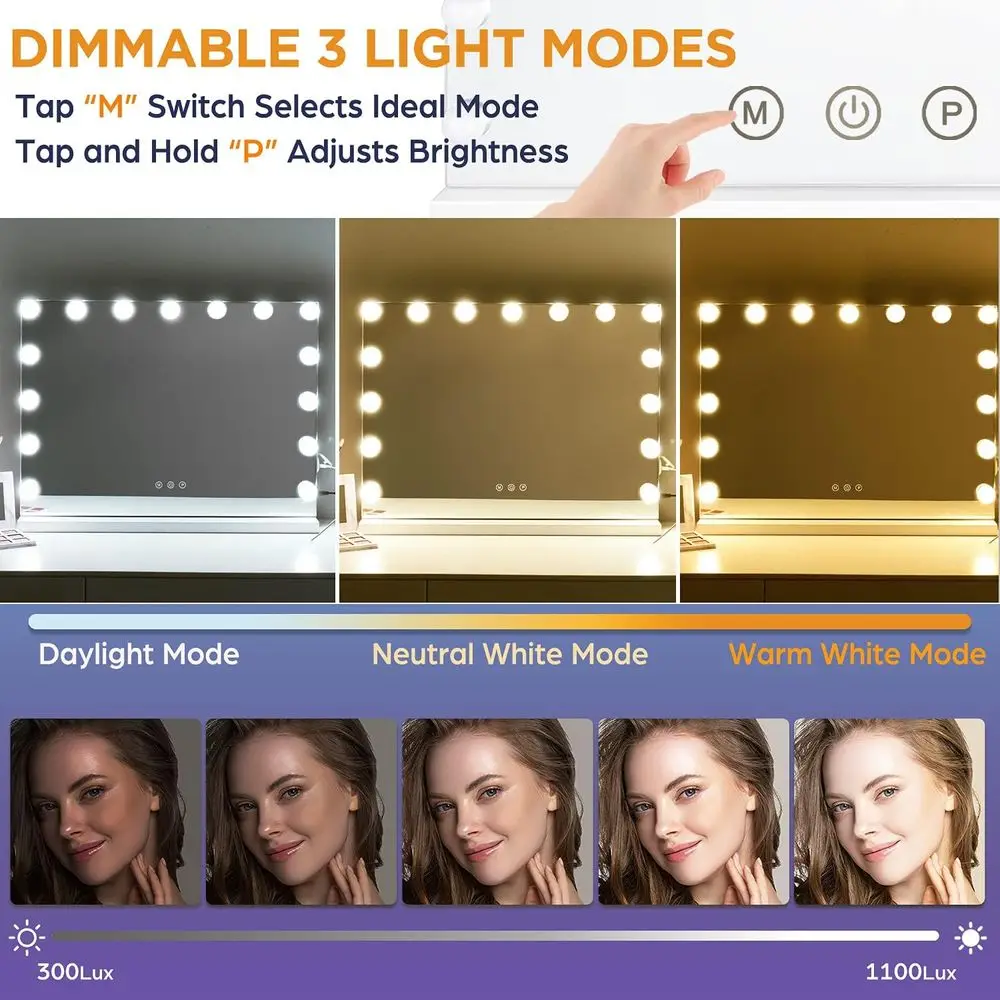Miroir de courtoisie Hollywood à 15 LED à intensité variable avec 3 modes d'éclairage, support de bureau et mural 2 en 1, chargeur USB inclus