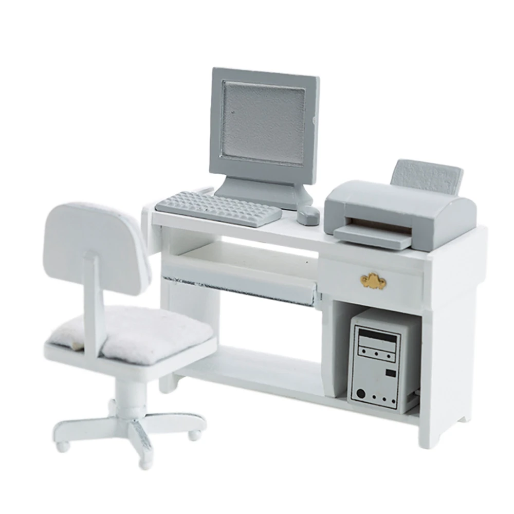 1/12 Dollhouse Miniature Computer Desk with Keyboard Mouse Host Printer Wooden Dollhouse Furniture Decorate A