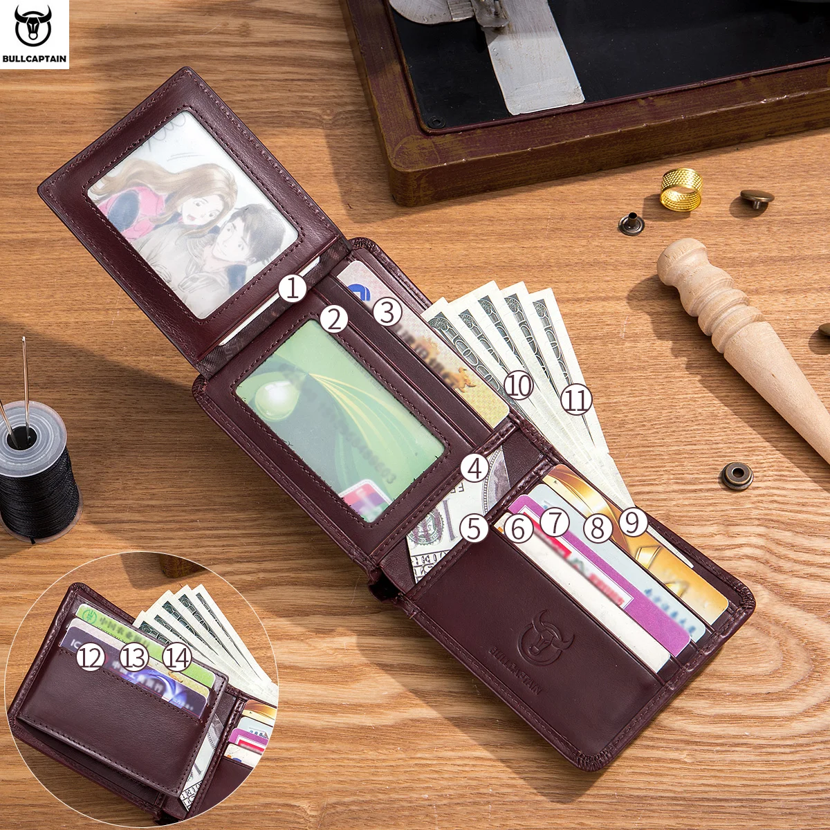 Bullcaptain กระเป๋าสตางค์ผู้ชาย, กระเป๋าสตางค์กระเป๋าใส่บัตรเครดิตพับสองทบแบบคลาสสิกแนวนอนแบบ QB031H