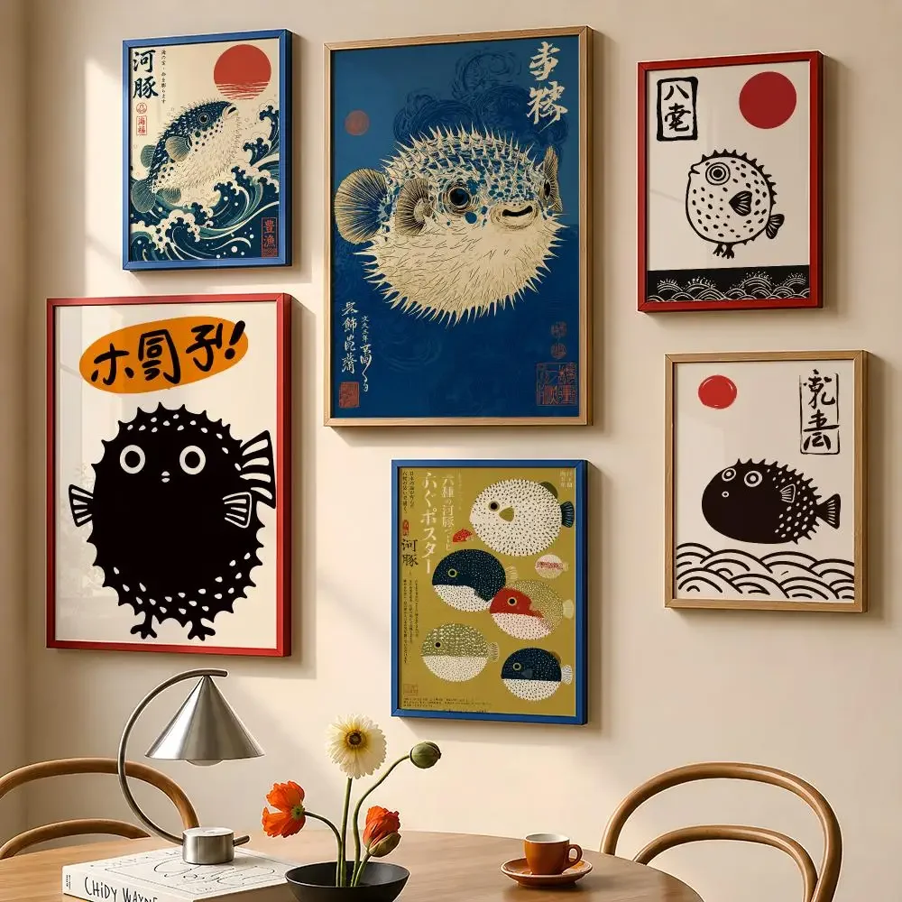 Japanese Pufferfish Fugu Ukiyoe Ocean Waves Vintage Illustration Poster PP Wall Art Print Removable Home Decor Cafe Apartment