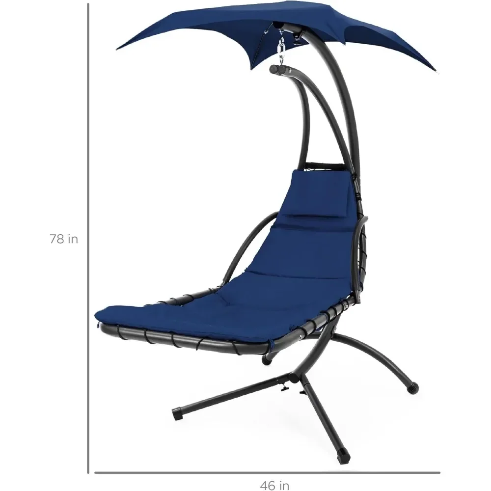 

Открытый подвесной изогнутый стальной шезлонг-качели со встроенной подушкой и съемным навесом - темно-синий