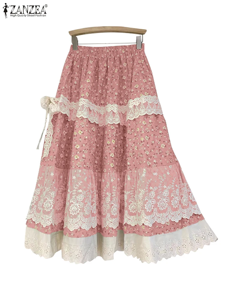 Zanzea rendas impressas saias femininas vintage maxi overskirts 2025 verão solto casual bainha irregular a linha retalhos festa bottoms
