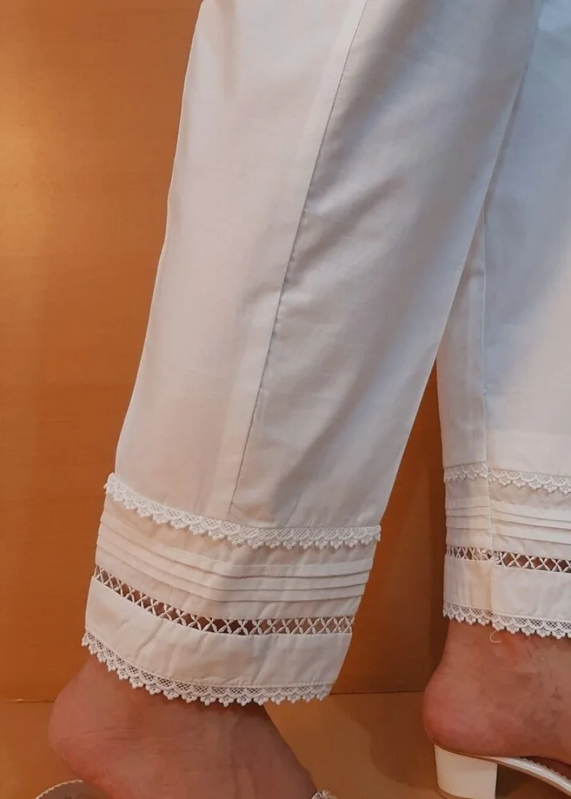 Pakistan Summer Cotton Women's Casual Trousers  Lace White Straight Leg Pants  Elastic Waistband Solid White Color