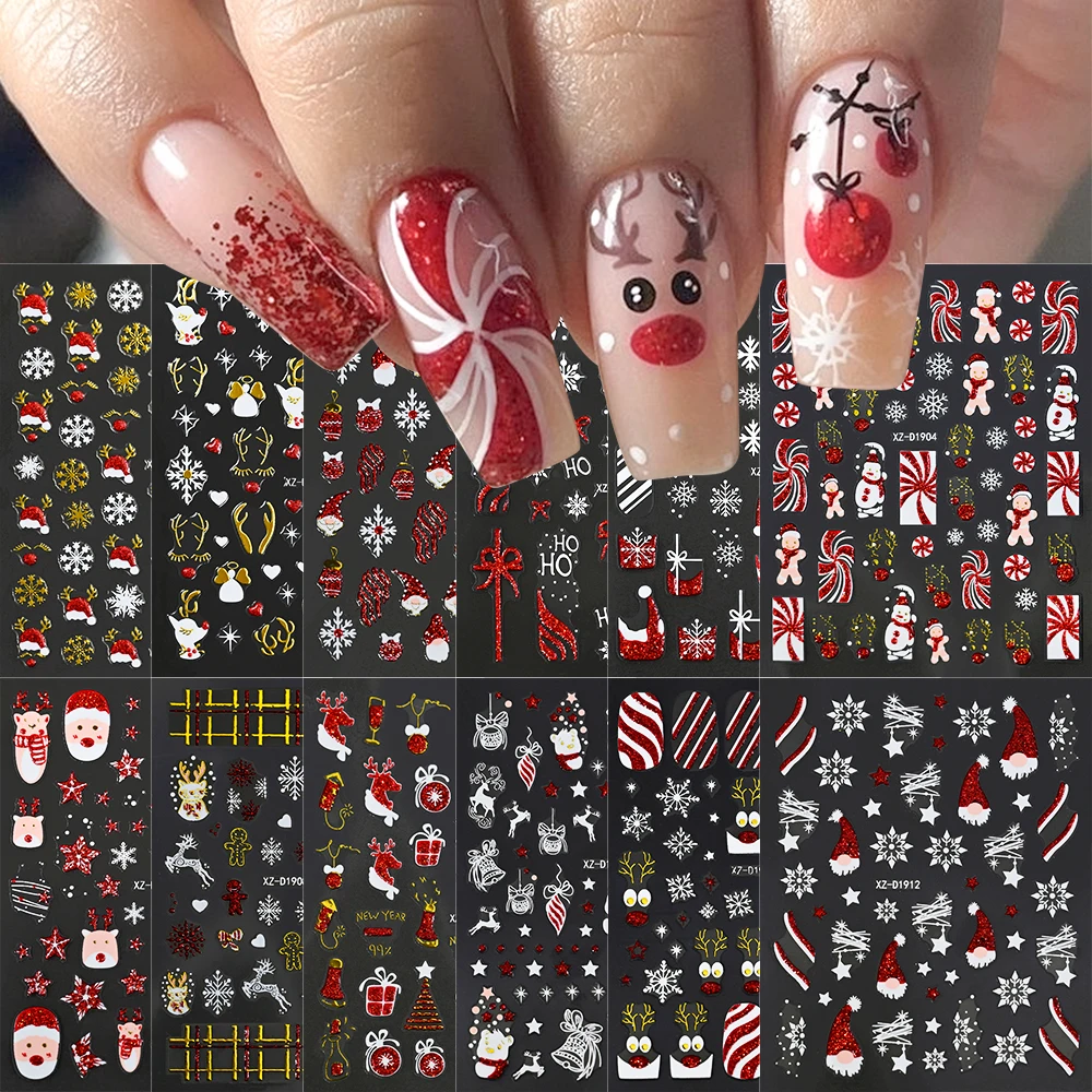 12Pcs Red Green Christmas Nail Sticker 3D Snowflake Elk Santa Claus DIY Winter Decal Snowman Slider New Year Manicure Decoration