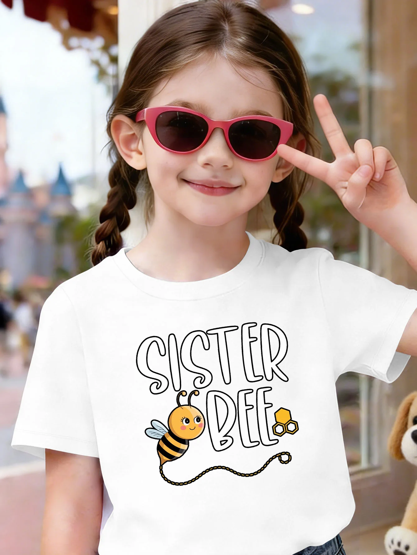 Sister Bee Cute Cartoon Bee Letter Print Kids T Shirt Boys Girls Short Sleeve Cotton Family Matching Toddler Daily Casual Tops