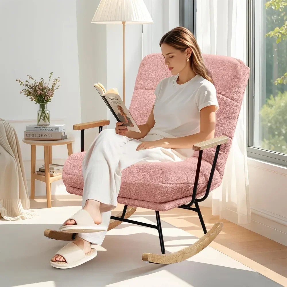 

Wide Rocking Chair Nursery, Oversized Upholstered Teddy Fabric Modern Glider Rocker with High Backrest for Living Room & Bedroo