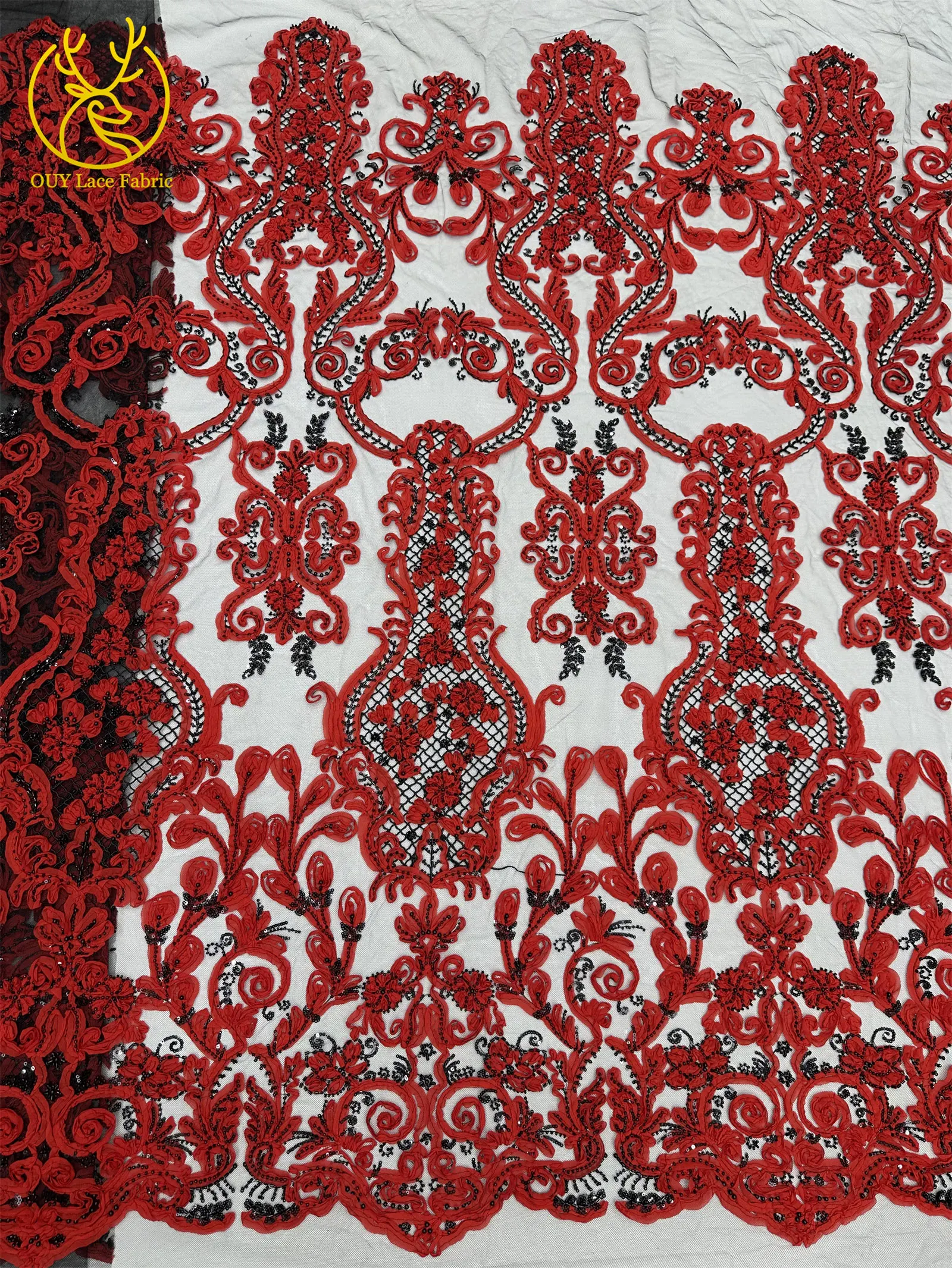 3D Afrikanischer Perlen-Spitzenstoff Schwarz Rot Luxuriöser Hochwertiger Französischer Pailletten-Tüll für Damen Abendkleid DIY Nähen 5 Yards – Detail 6