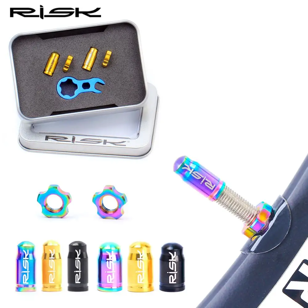 RISCO-Titanium Alloy Bicycle Air Nozzle, MTB Road Bike Nut, Wrench, Protection Sticker Set, francês, American Dust Cover Acessórios