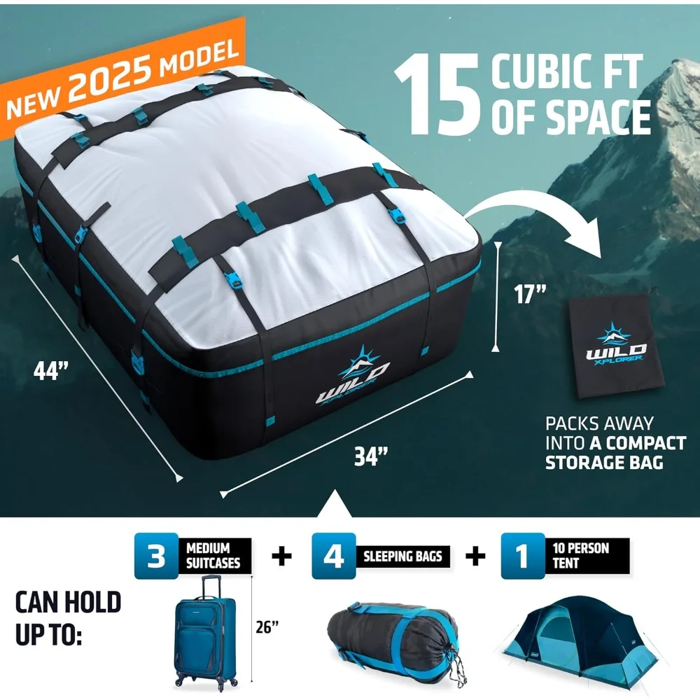 حامل البضائع على السطح - 15 قدم مكعب (L)، حامل شحن سقف السيارة الناعم المقاوم للماء، حقيبة شحن الأمتعة العلوية للسيارة شديدة التحمل