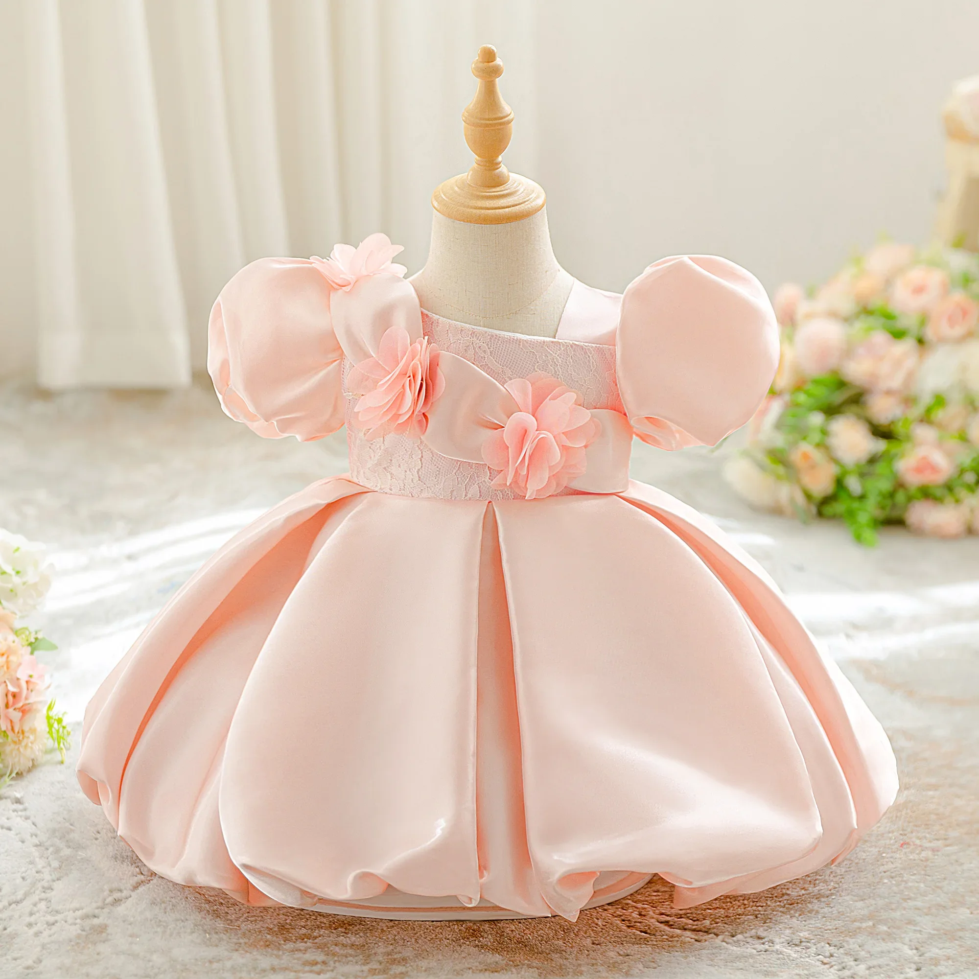

Elegant Flower Party Baby Girls Dress Toddler Pink 1st Birthday Wedding Princess Dresses Infant Bow Bridesmaid Evening Costumes