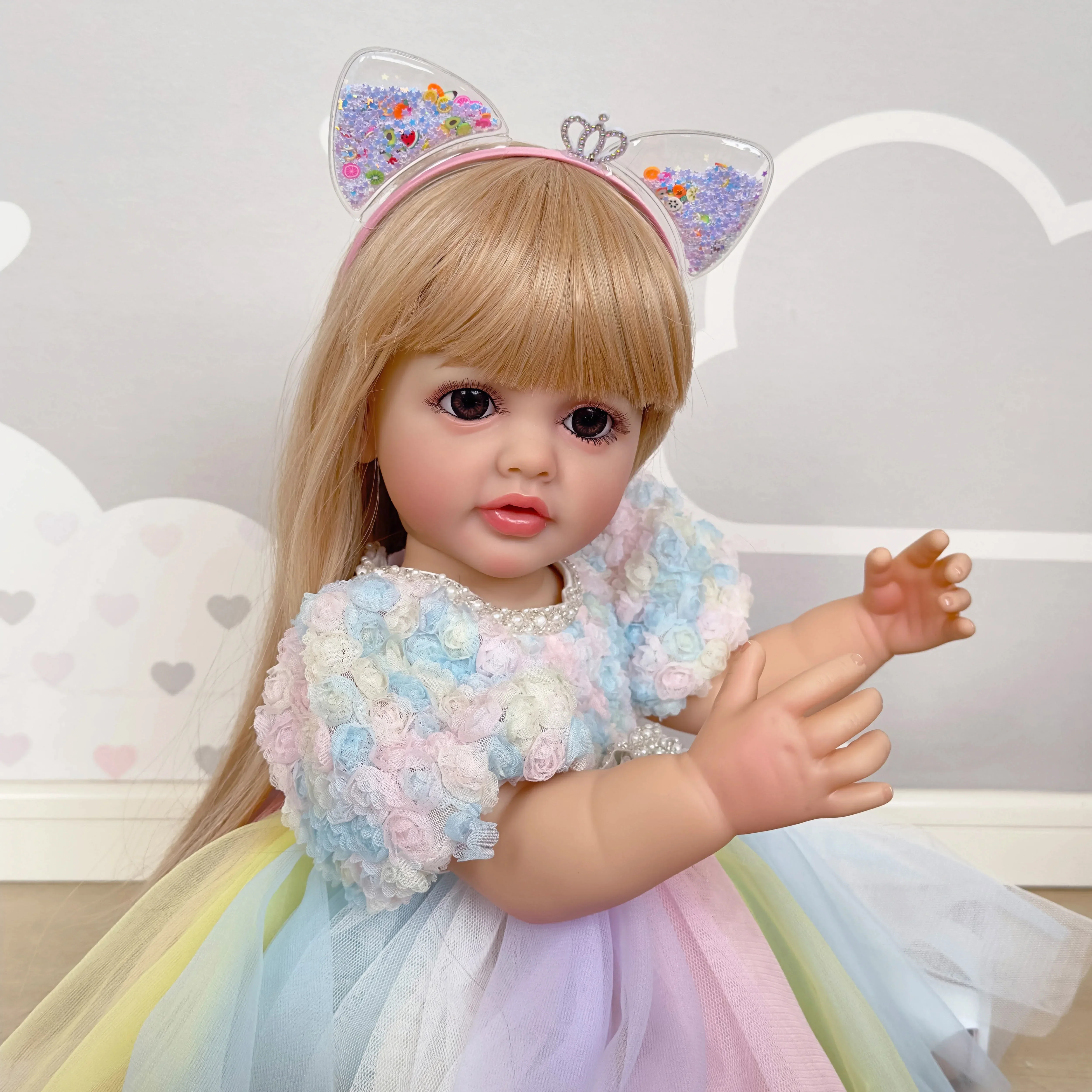 22inch Betty Newborn Full body Silicone Vinyl Reborn Lifelike Toddler Stand Girl Doll Princess with Long Blond wig Hair