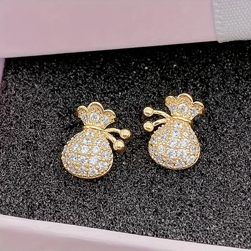Mini Cute Money Bag Earnail Cube Synthetic Zirconia Wealth Bag Design Mini Cute Earnail Women's Daily Lucky Jewelry Gift