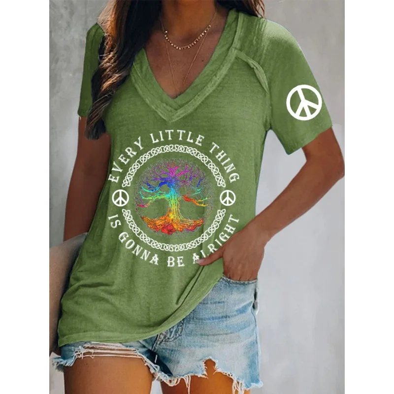 ilstile Women's Retro Hippie Letter Print T-Shirts Summer Casual Short Sleeve V Neck Tops Black Blue Grey Green Tees Hot Sale