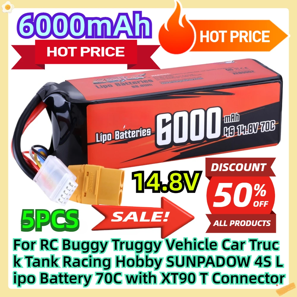 For RC Buggy Truggy Vehicle Car Truck Tank Racing Hobby SUNPADOW 4S Lipo Battery 14.8V 6000mAh 70C with XT90 T Connector