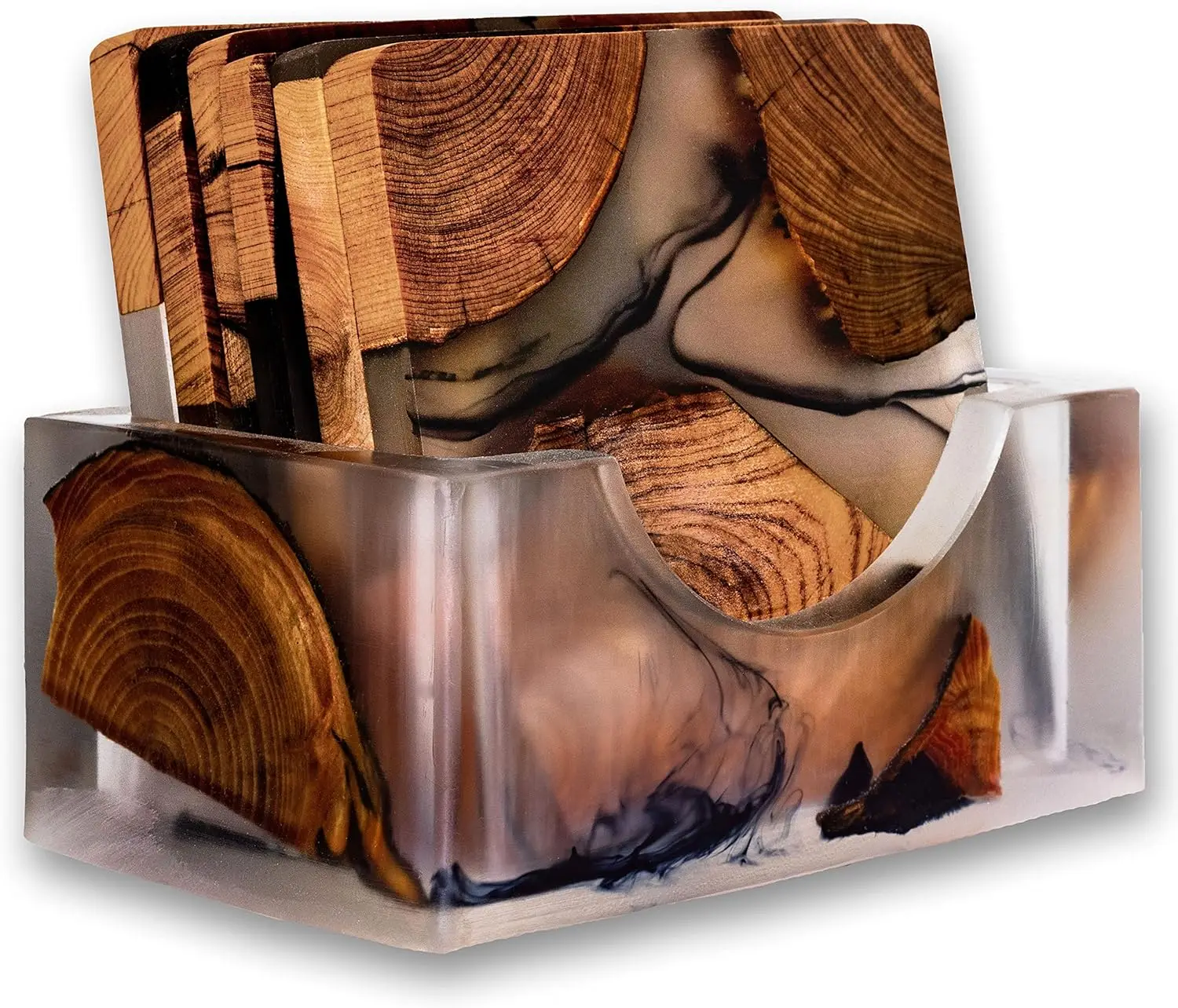 

Modern Epoxy Coasters Set with Holder, Natural Cedar Wood, 6-Piece for Hot & Cold Drinks