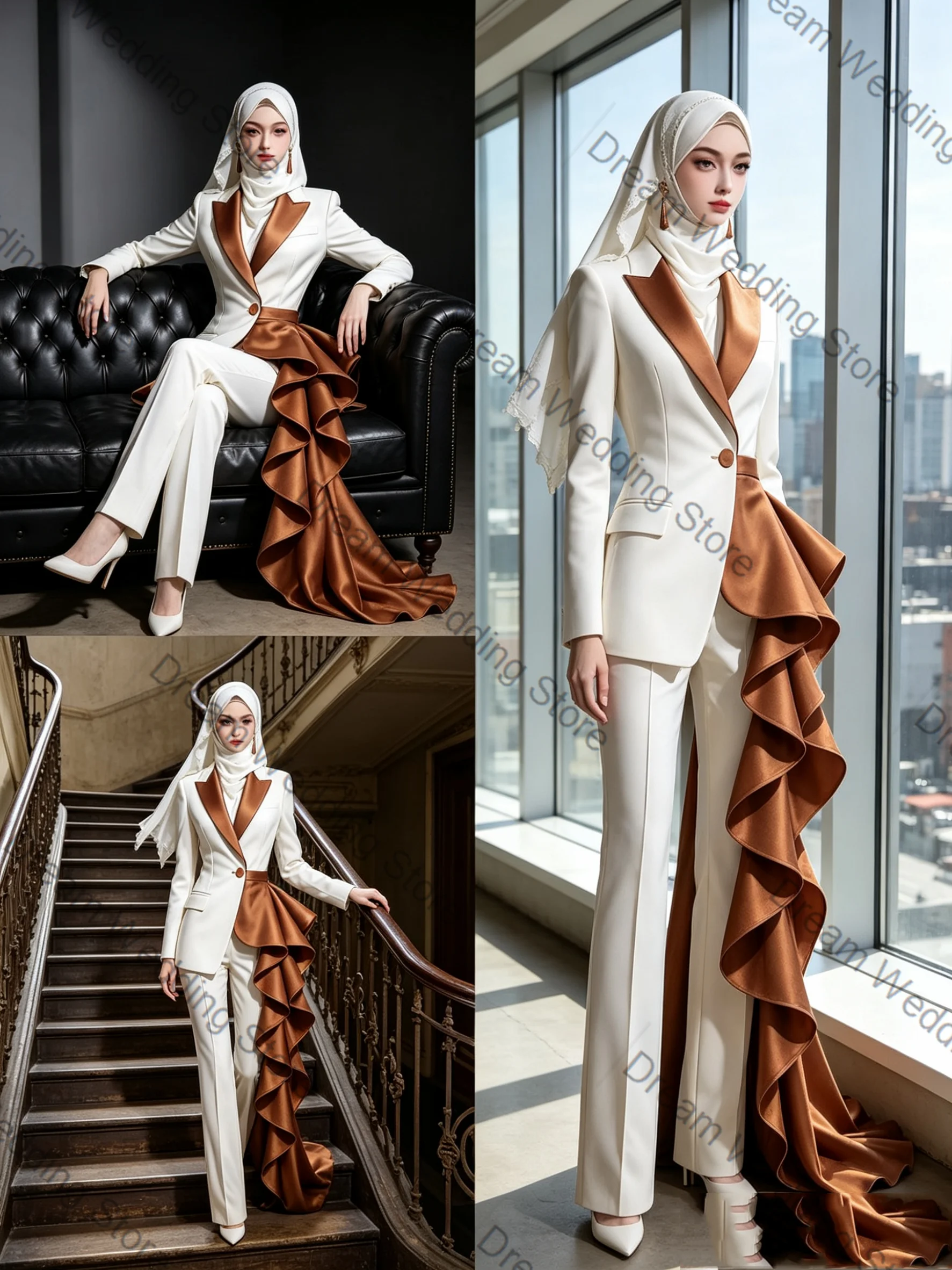 

Luxury White Brown Women Suit Set 2 Pcs Blazer Pants Ruffles Train Formal Office Lady Jacket Customized Wedding Guest Coat