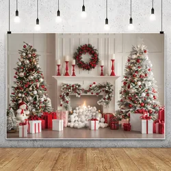 White Wall Christmas Party Backdrop Photography Xmas Tree Gift Fireplace Background Baby Portrait Photographic Prop Photo Studio