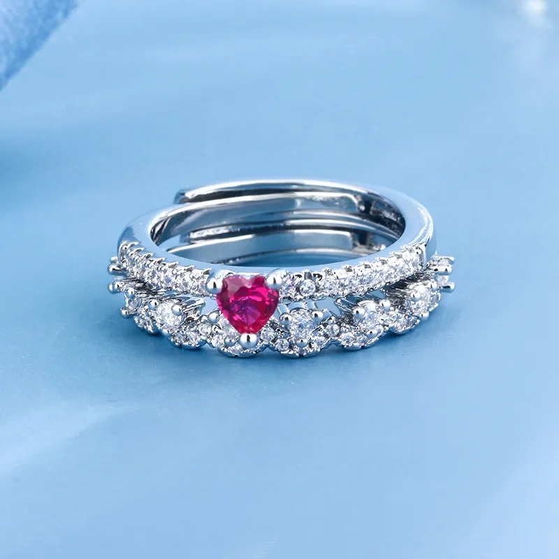 French Romantic Lace Single Row Red Corundum Love Ring 925 Silver 2 Pcs Stacked Ring Row Diamond Set Wedding Party Bridal Gift