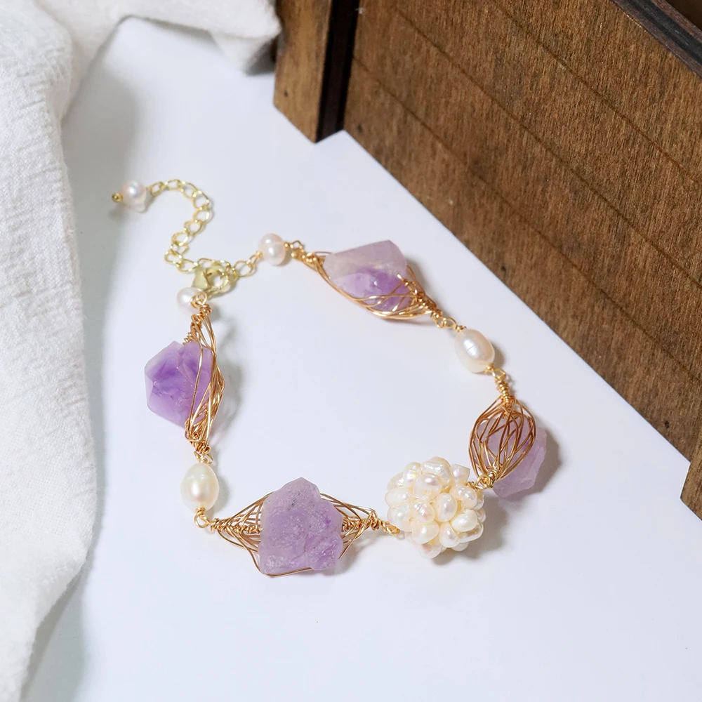 Natural Freshwater Pearl Flower Ball Amethyst Bracelet Korean Style Women Luxury Jewelry Fashion Ladies and Girls Gift GB1168