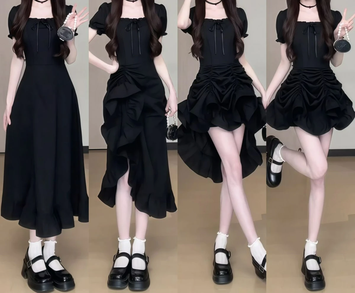 

Design Sense Fashion Dress Drawstring Medium Skirt Women's Summer Waist Square Neck A-Word Long Dress