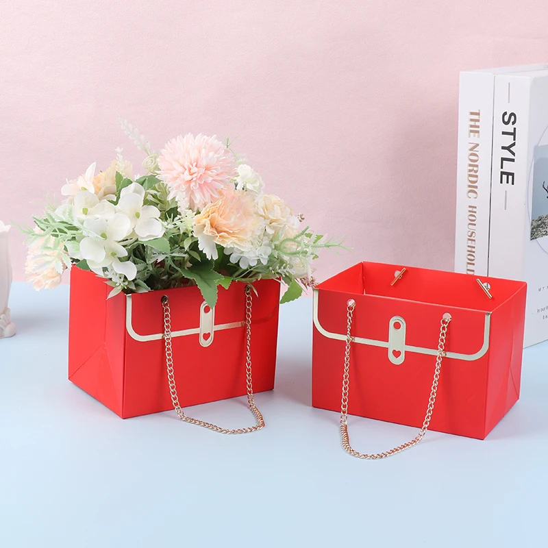 Portable Flower Box Foldable Paper Hand Gift Bag Kraft Handbag Wedding Party Gift Box Packaging For Candy Cake Birthday