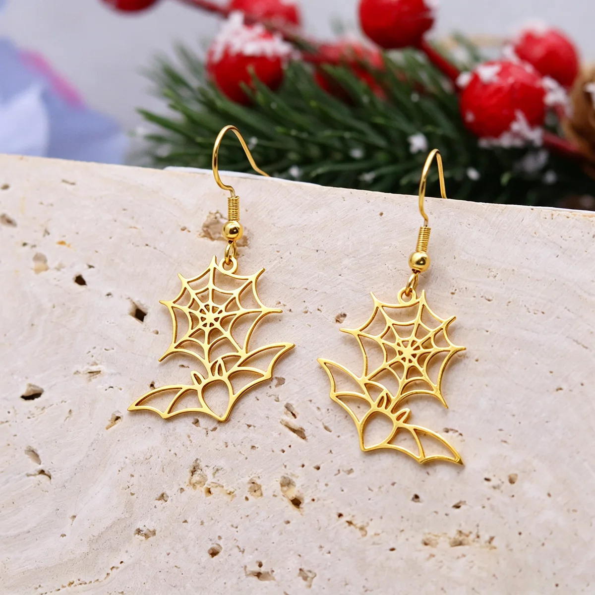QIAMNI Gothic Bat Piercing Dangle Earrings Stainless Steel Spider Web Halloween Drop Earring Party Jewelry Gift for Women Men