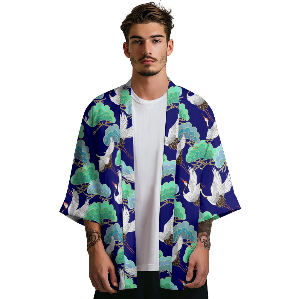 

Summer Kimono Crane Pattern Men Hawaiian Shirt Fashion Traditional Cardigan Cosplay Costume Cloak Women Samurai Kimonos Yukata